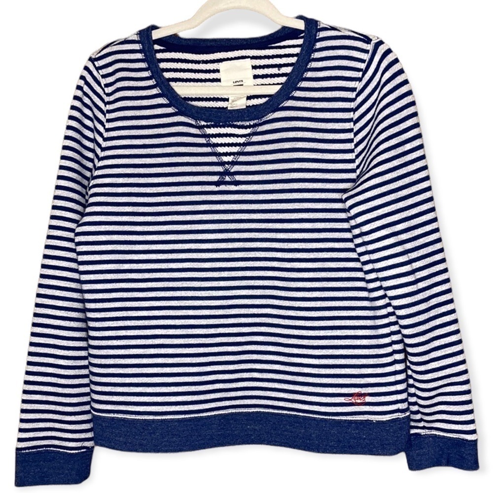 Levi’s | Blue Gray Striped Sweatshirt Logo Crew Neck XL